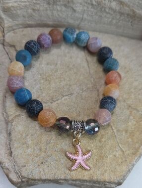 Multicolor Crackle Agate Stone Beaded Bracelet with Pink Starfish Charm